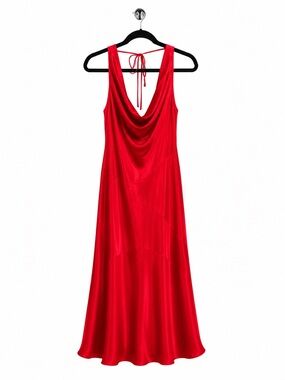 Satin Red Cowl-Neck Midi Dress with Tie Back